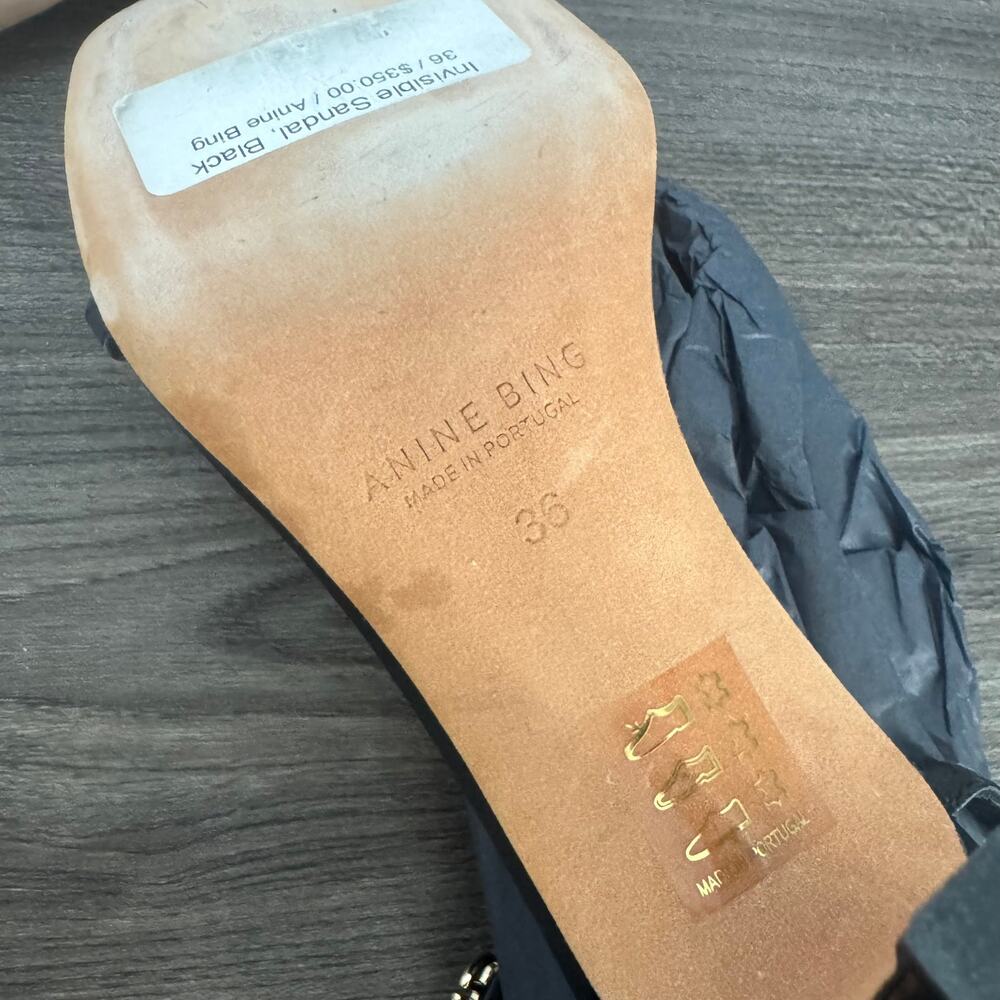 Anine Bing Black Leather Invisible Kitten Heel Sandals 36 NEW Gold Logo Shoe - Picture 6 of 7